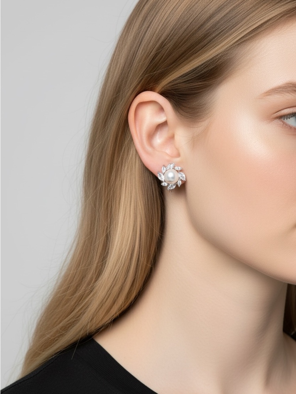 10/23 Elegant White Pearl and Silver Leaf Stud Earrings